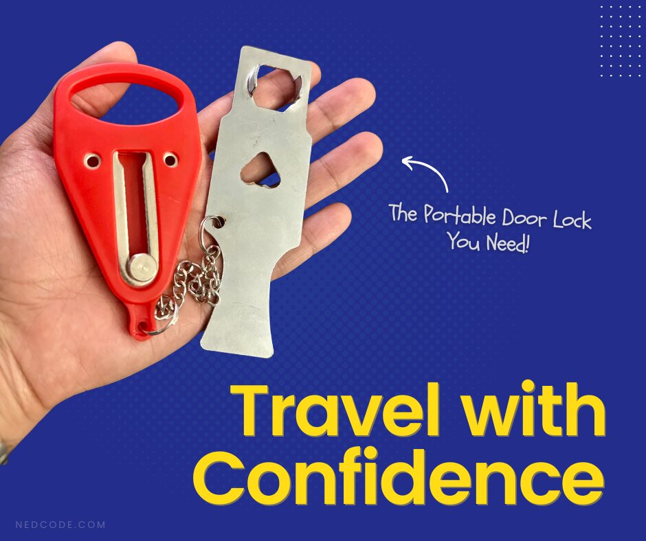 Red portable door lock held in a hand, Travel with Confidence