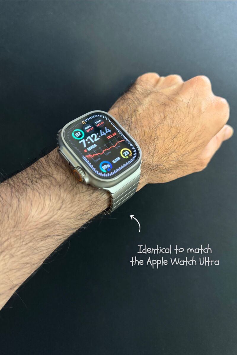 Stainless steel link band on an Apple Watch Ultra 2, worn on the wrist