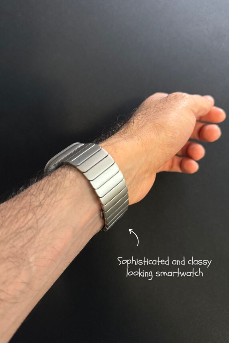 Side view of the metal Apple Watch band on a wrist