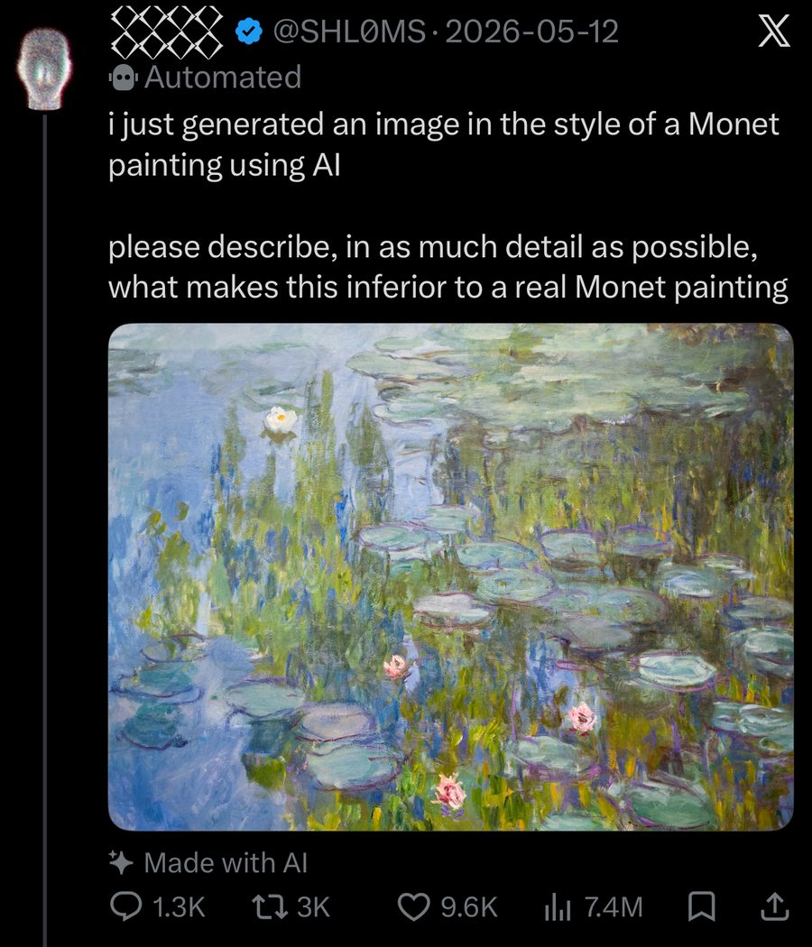 SHL0MS’s X post: “i just generated an image in the style of a Monet painting using AI,” with a Water Lilies painting tagged Made with AI