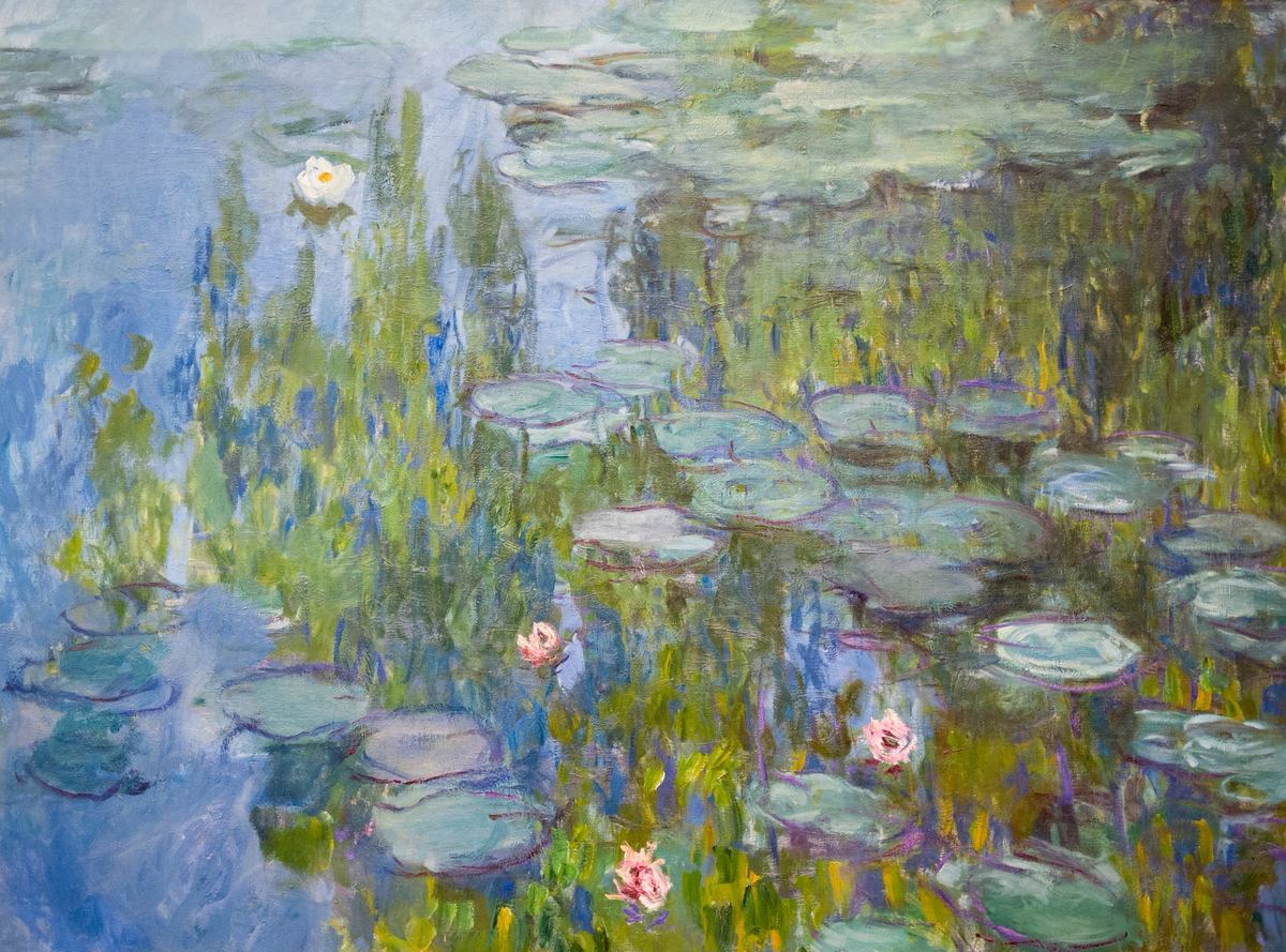 Claude Monet’s Water Lilies, around 1915: lily pads, pink and white flowers and reflected reeds on a blue pond